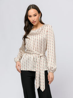 Блуза молочного цвета с поясом и длинными рукавами