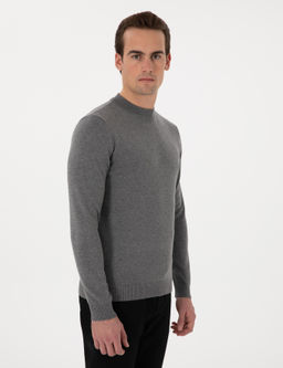 Gri Melanj Slim Fit _eyrek Yaka Basic Triko Kazak