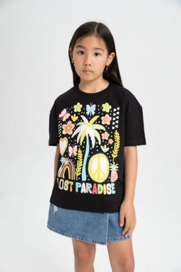 K?z Cocuk Oversize Genis Kal?p Bisiklet Yaka Bask?l? K?sa Kollu Tisort