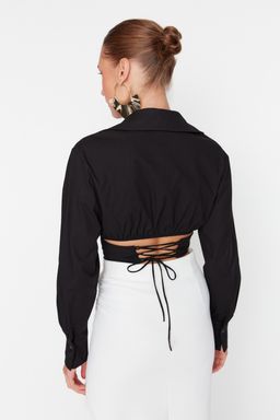 Siyah Crop Astarl? Korse Detayl? Dokuma Poplin Gomlek TPRAW23GO00004