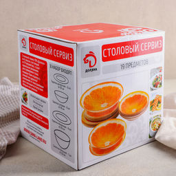 Тарелки Доляна Сладкий арбуз, 19 предметов: 6 десертных тарелок, 6 обеденных тарелок, 6 мисок, салатник, стекло, красный