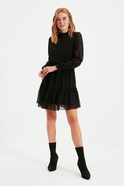 Trendyolmilla Mavi Duz Belden Ac?lan Dik Yaka Buzgulu Mini Astarl? Dokuma K?sl?k Elbise TWOAW20EL0345  фото 9