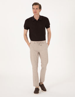 Bej Slim Fit Keten Kar___ml_ Beli _pli _izgili Kanvas Pantolon