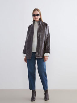 Dik Yaka Oversize Kad?n Deri G?r?n?ml? Mont