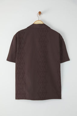 Kahverengi Oversize Fit Nak?sl? Brode Yazl?k Islemeli Gomlek TMNSS25GO00049