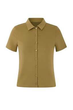 Wardrobe Essentials-Ac?k Haki Fitted/Vucuda Oturan Dugmeli Crop Esnek Orme Bluz TWOSS26BZ00272