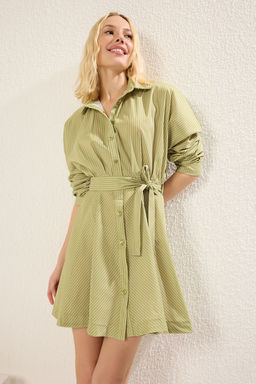 Yag Yesil Cizgili Kusakl? K?sa / Mini Dokuma Elbise TWOAW25EL00154