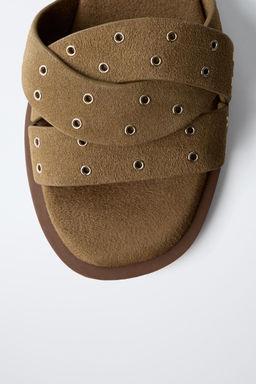 CROSS-STRAP FLAT SPLIT SUEDE SANDALS - Zara фото 6
