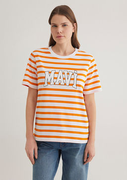 Mavi Logo Bask?l? Cizgili Turuncu Tisort фото 5