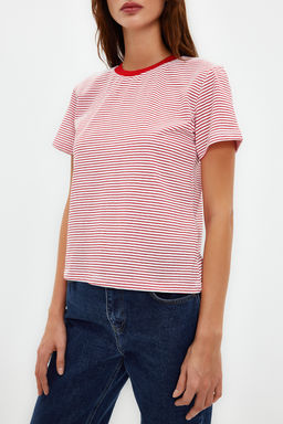 K?rm?z? Ekru Cizgili Kal?n Pamuklu Basic Regular/Normal Kal?p Orme T-Shirt TWOSS23TS00043