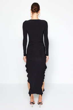 TRENDYOLMILLA Siyah Etegi Volanl? Kay?k Kaya Maxi Esnek Orme Elbise TWOAW24EL00616 фото 14