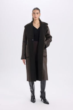 Regular Fit Smokin Yaka Suni Deri Dugmeli Cepli Pelus Astar Parka