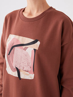 Bisiklet Yaka Bask?l? Uzun Kollu Oversize Kad?n Sweatshirt Tunik