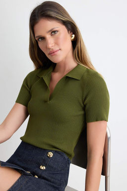 Haki More Sustainable Basic Polo Yaka Triko _nce Bluz TWOSS26BZ00505