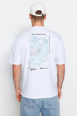 Beyaz Oversize/Geni_ Kesim Bask_l_ %100 Pamuklu T-Shirt TMNSS23TS00238