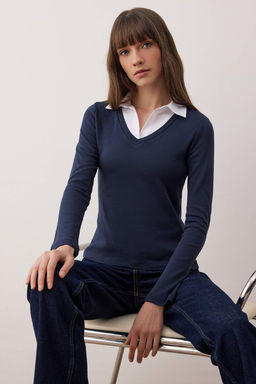 Lacivert Dokuma Detayl? Gomlek Yaka Regular/Normal Kal?p Orme Bluz TWOAW25BZ00035