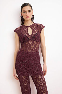 Murdum Tas Bask?l? Dekolteli Dantel Party Bluz TPRSS26BZ00053