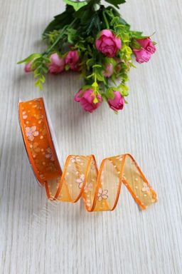 Лента органза 2,5 см*20 ярд Цветочки с блестками (SF-717) оранжевый №25