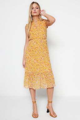 TRENDYOLMILLA Sar? Cicek Desenli A Kesim Midi Astarl? Sifon Dokuma Elbise TWOSS23EL01840 фото 4