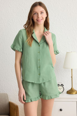 Trendyolmilla Yesil %100 Pamuklu F?rf?rl? Muslin Sortlu Dokuma Pijama Tak?m? THMSS25PT00034  фото 13