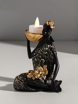Фигурка - подсвечник на 1 свечу «Африканка в чёрном платье с цветами с золотом», полистоун, d=4.5 см, 11×13×16 см