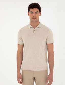 Bej Slim Fit D__meli Polo Yaka Keten Kar___ml_ Triko Ti__rt