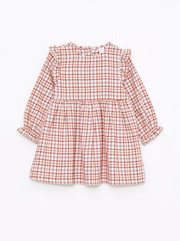 Bisiklet Yaka Uzun Kollu Ekose Desenli Pamuklu K?z Bebek Elbise
