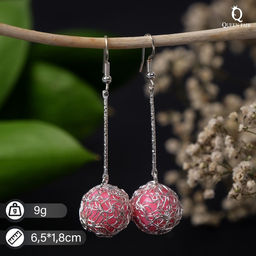 Серьги висячие Шар плетеный, цвет розовый в серебре, 6,5см