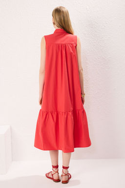 Nar Cicegi Duz Kesim Dugme Detayl? Midi Dokuma Gomlek Elbise TWOSS25EL00439 - Trendyolmilla фото 5