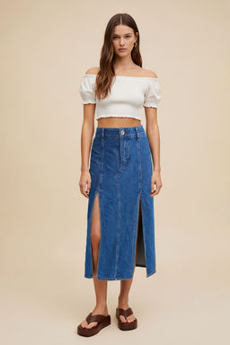 TRENDYOLMILLA Mavi Y?rtmacl? Dikis Detayl? Midi Denim Etek TWOSS25ET00001