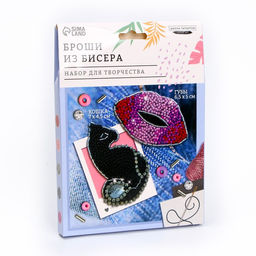 Вышивка бисером, брошь Кошка и губы, набор для творчества