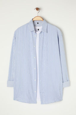 TRENDYOL MAN Mavi Oversize Cizgili Gofre Esnek Rahat Kumas Orme Gomlek TMNSS25GO00024 - Trendyolmilla фото 7