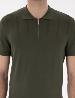 Haki Slim Fit Fermuarl_ Polo Yaka Triko Ti__rt