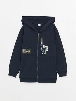 Kap??onlu Bask?l? Uzun Kollu Erkek ?ocuk Fermuarl? Sweatshirt