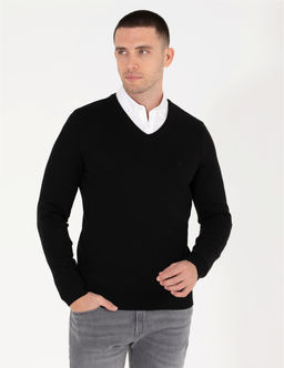 Siyah Slim Fit V Yaka Basic Triko Kazak