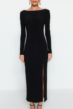 Trendyolmilla Siyah Kay?k Yaka S?rt Dekolteli Y?rtmacl? Fitted/Vucuda Oturan Maxi Esnek Orme Elbise TWOAW24EL00824 фото 4