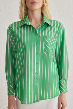 TRENDYOLMILLA Yesil Cizgili Oversize Genis Kal?p Dokuma Gomlek TWOSS25GO00010  фото 5