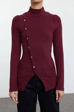 Bordo Fitted/Vucuda Oturan Dugme Detayl? Fitilli Esnek Orme Bluz TWOAW25BZ00224 - Trendyolmilla фото 3