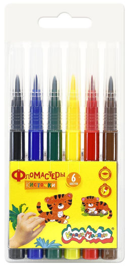 Фломастеры-кисточки Каляка-Маляка классические 6 цв. круглый корпус, легкосмываемые, блист...