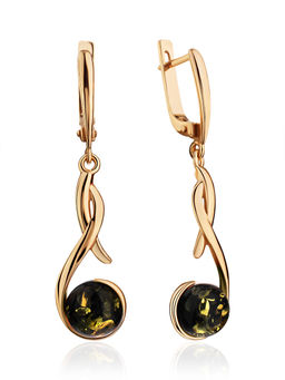 Изящные удлинённые серьги Феникс с зелёным янтарём