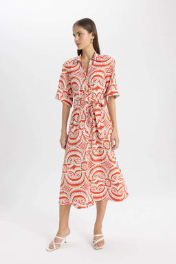 Платье миди из смесового льна с рубашечным воротником и рисунком с короткими рукавами - Defacto фото 4