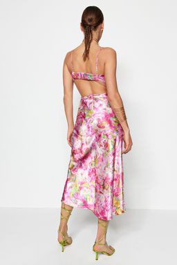 TRENDYOLMILLA Pembe-Cok Renkli Cicek Desenli Dokuma Saten S?k Abiye Elbise TPRSS23EL00305  фото 7