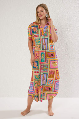 Tropikal Desenli Dokuma Y?rtmacl? %100 Pamuk Plaj Midi Elbise TBESS25EL00050