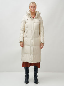 Пальто утепленное стеганное зимнее с капюшоном женское бежевого цвета 9601B - Holdluck фото 3
