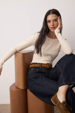 Tas Fitilli Esnek Uzun Kollu Bisiklet Yaka Orme Bluz TWOAW26BZ00313