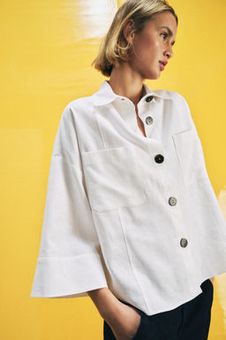 CAMISA CON LINO MANGA ANCHA / Blanco