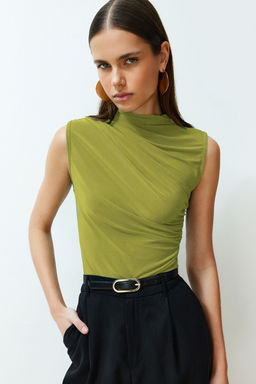 Trendyolmilla Indigo S?f?r Kol Buzgulu Vucuda Oturan Esnek Orme Bluz TWOSS24BZ00486  фото 10