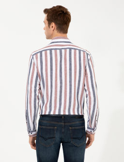 Рубашка узкого кроя с длинным рукавом из смесового льна темно-синего цвета - Cacharel фото 5