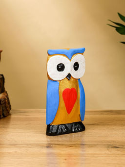 Набор сувенирный Совята с сердечком, h=15 см, h=13 см, h=11 см, дерево, голубой с золотом