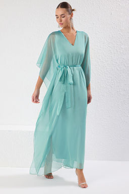 TRENDYOLMILLA Mint V Yaka Sifon Dokuma Maxi S?k Abiye Elbise TPRSS25AE00044  фото 2